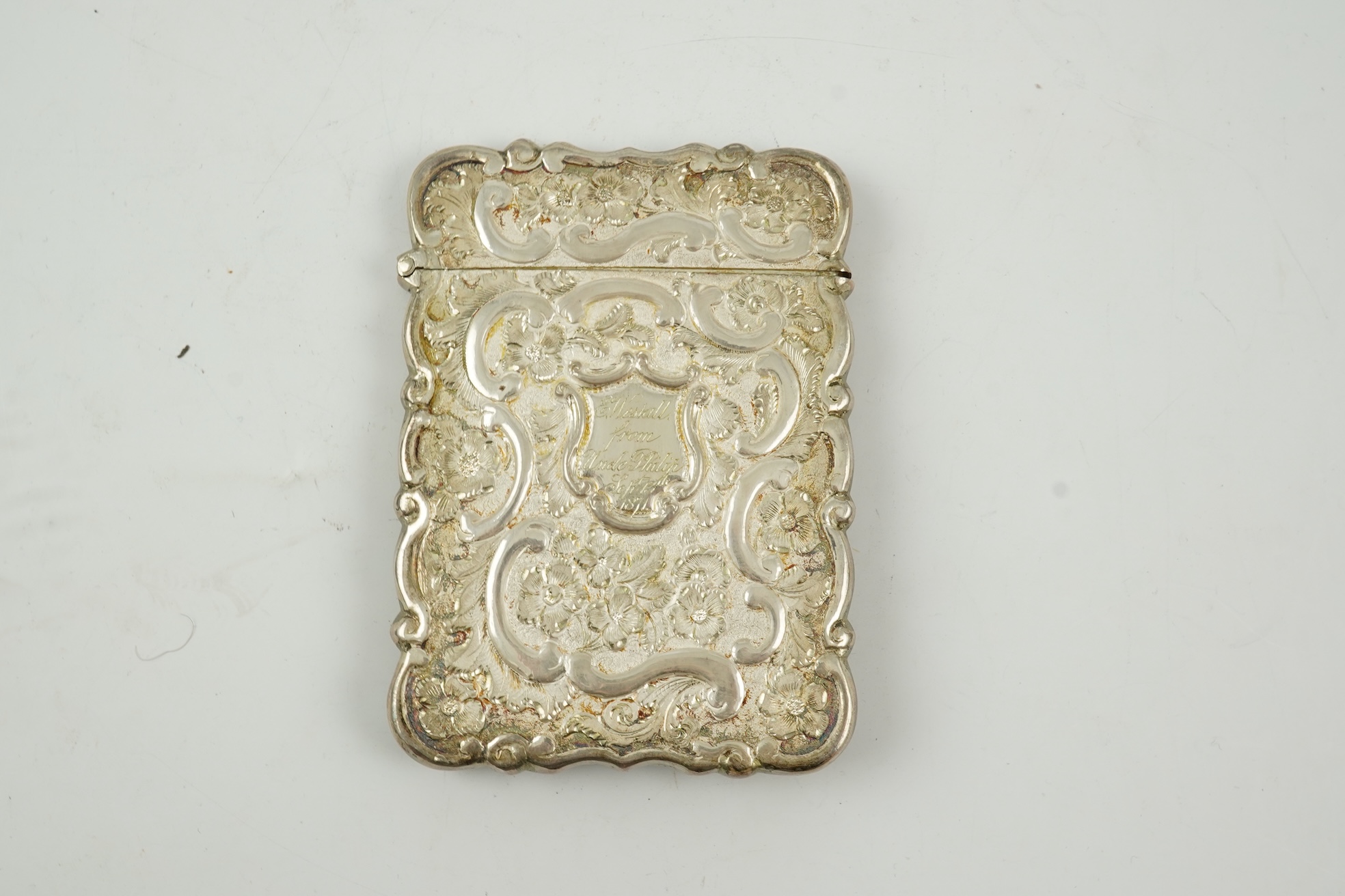 A Victorian silver 'castle top' card case by Hilliard & Thomason?